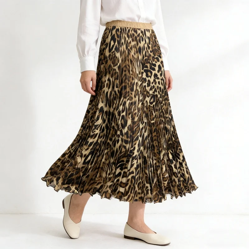 Summer Leopard Pleated Long Skirt Women Vintage Casual High Waisted A-line  Ankle-Length Beach Dance Party Skirt