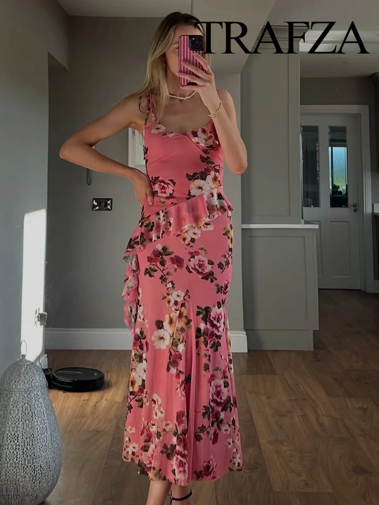 

TRAFZA Elegant Women's Flowers Prints V-Neck Sleeveless Asymmetry Design Top+New Chic High Waist Pleated Slim Skirt Suit