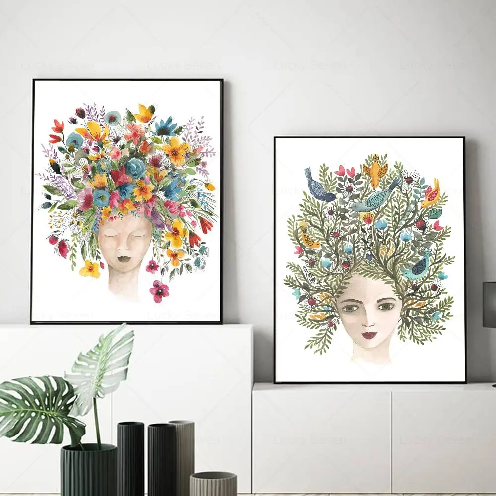 Woman Flowers Watercolor Wall Art Poster Canvas Painting Mother Gift Nature Goddess Prints Peaceful Feminine Pictures Home De
