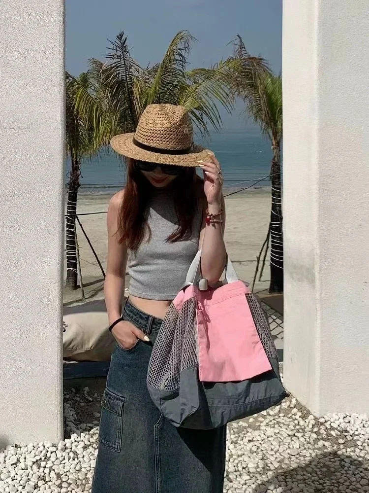 

Large Capacity Double-sided Storage Shopping Tote Bags for Women Color Blocking Mesh Shoulder Bag
