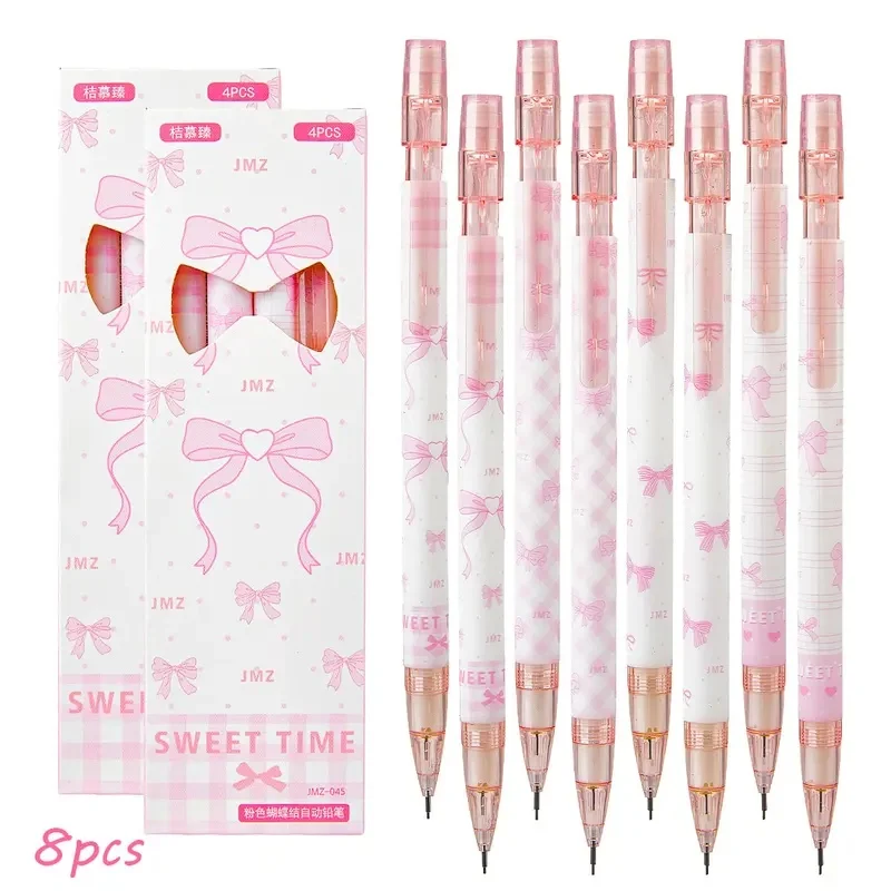 4/8PCS Pink Bow Mechanical Pencil Set 0.5mm Cute Kawaii Retractable Pencil School Office Supplies Smooth Writing