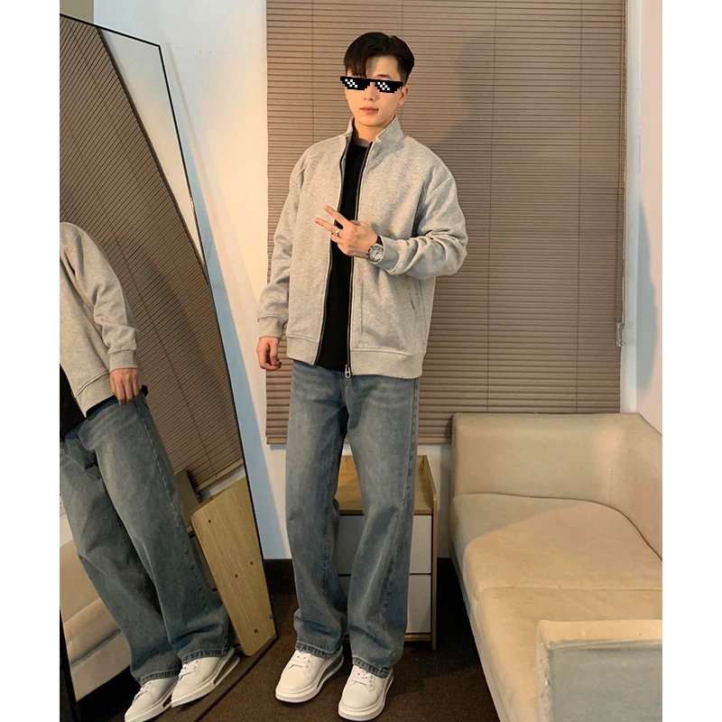 

Deep Blue Men's Straight Leg Jeans High Waist Long Pants Stretch Denim Slimming Bootcut Trousers Trendy American Vibe