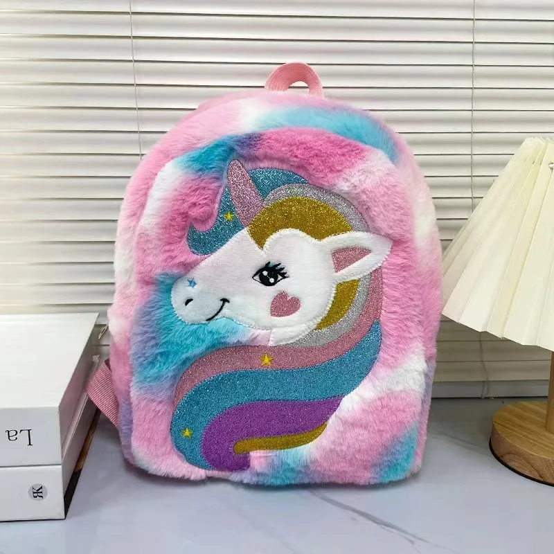 Kids Backpack Kids School Bag Fashion Large Capacity Children Girls Unicorn Plush Tie-Dye Bag Mochila