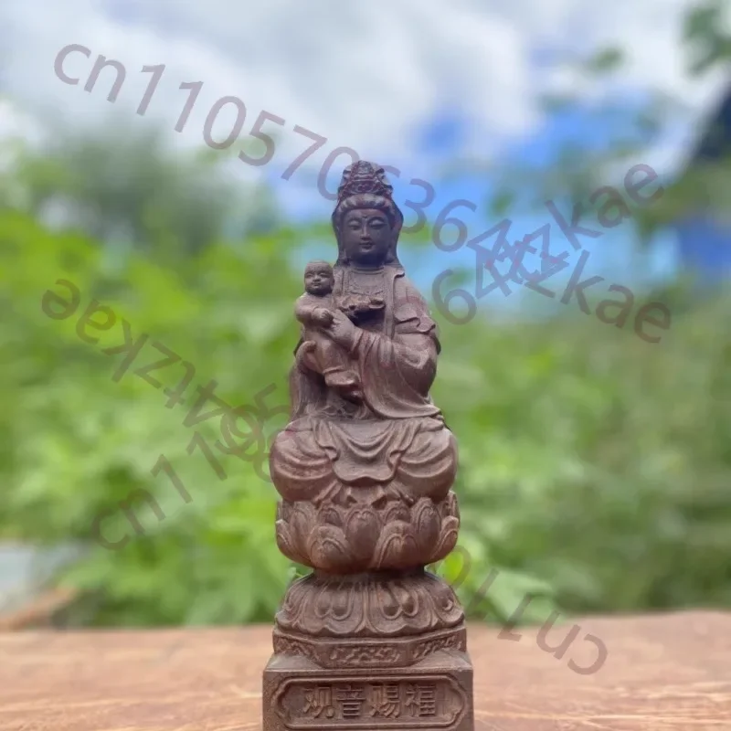 Hand Carved Wood Send Child Guanyin Statue Figurine - Fertility Blessing Kuan Yin Bodhisattva Ornament Home Temple Altar