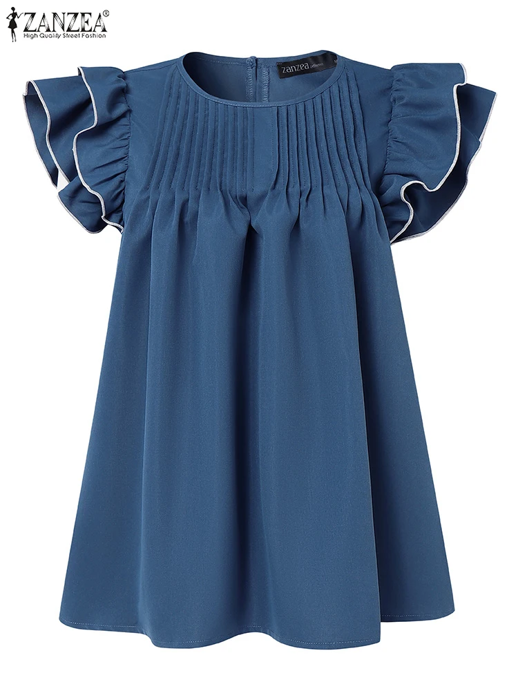 

Винтажная блузка, женские плиссированные однотонные топы, женские блузки с рюшами, летние топы трапециевидной формы с короткими рукавами ZANZEA 2024, повседневные туники с круглым вырезом