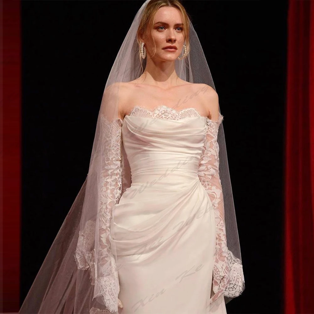 2024 eleganti abiti da sposa da donna in raso pieghettato pizzo sirena a maniche lunghe abito da sposa principessa abiti da festa in spiaggia formale