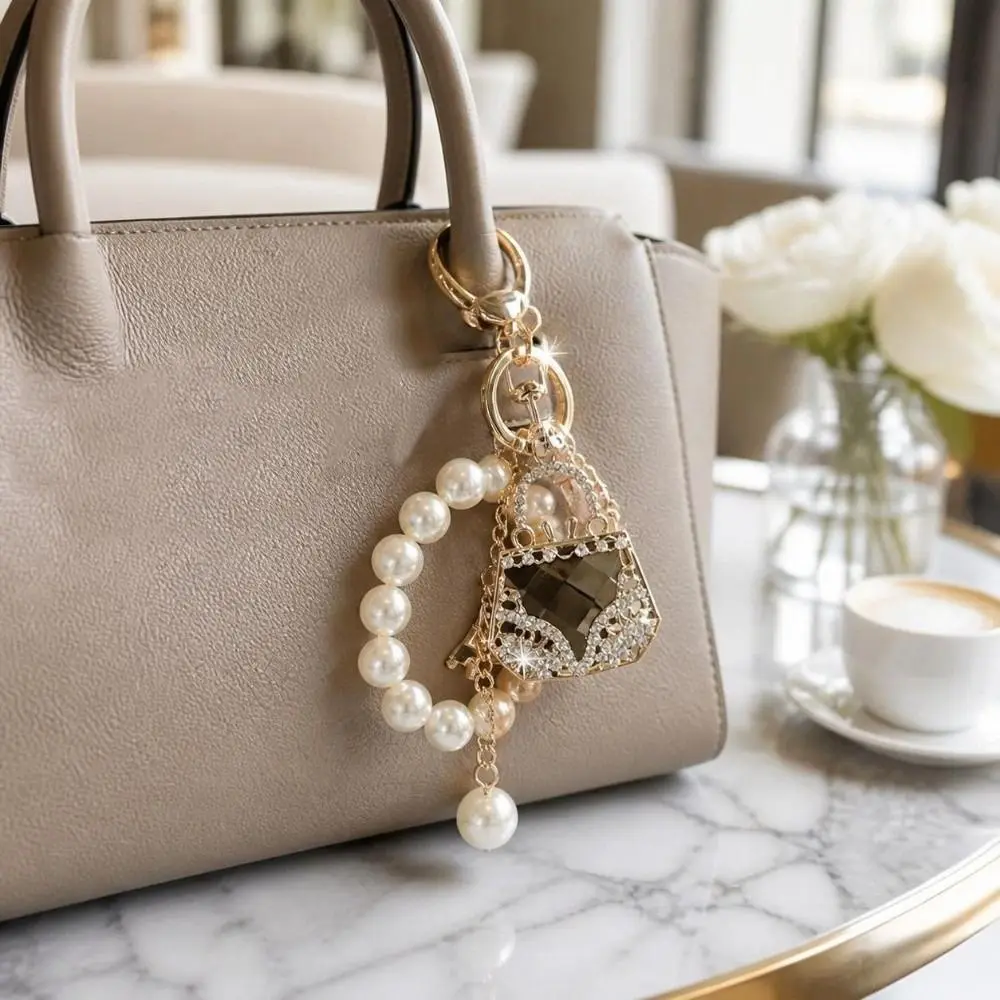 Zirkonbesetzter Perlen-Schlüsselanhänger, Dekorativer Hängeschmuck, Taschenanhänger, Exquisiter Eleganter Strass-Taschen-Schlüsselanhänger – Detail 6