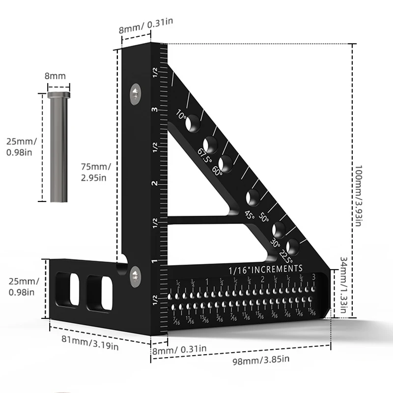 3D Multi-Angle Aluminum Alloy Woodworking Square Ruler Multi Degree Protractor High Precision Miter Triangle Ruler For Carpenter