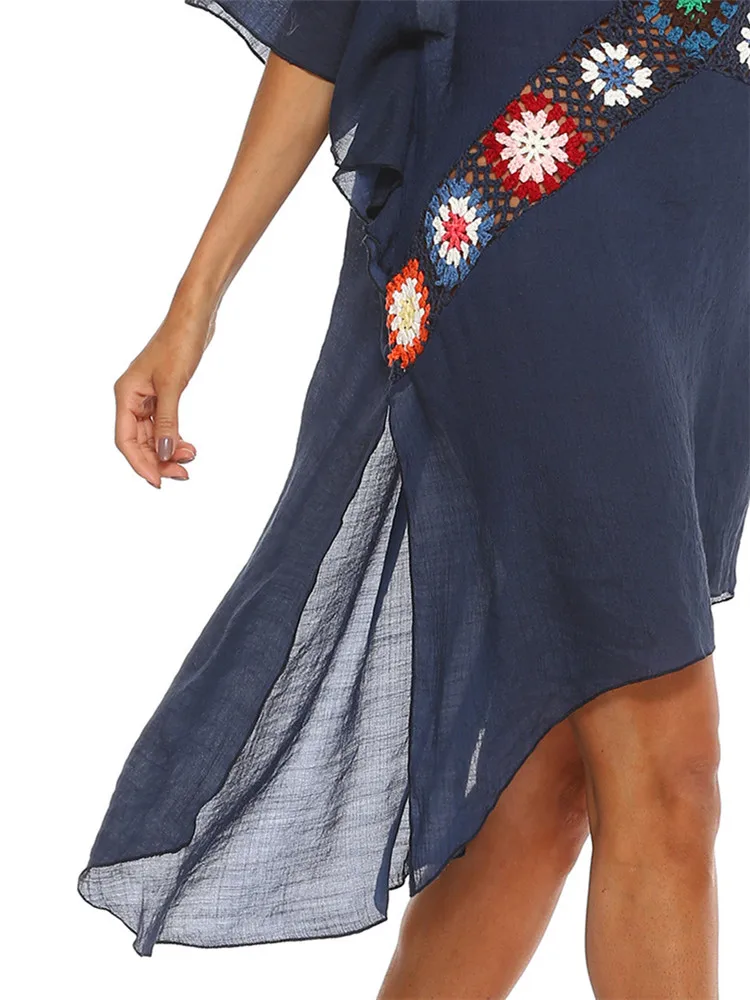 女性ビーチウェアカバーアップ夏ニットサンドレス女性水泳ドレス komokini 水着カバーアップビーチ水着ブラックブルー