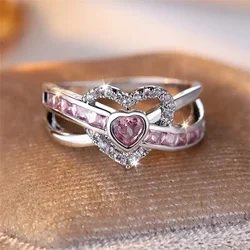 2024 Love Heart Wedding Bands Silver Color Pink White Zircon Promise Engagement Rings for Women Luxury Valentine Day Jewelry