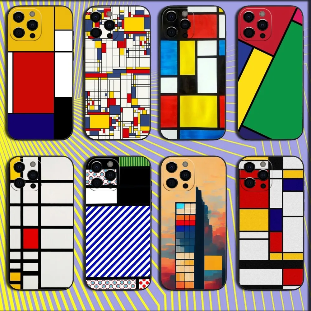 Mondrian Color Square Art Phone Case For iPhone 16,15,14,13,12,11,Pro,X,XS,Max,XR,Plus,Mini Soft Black Cover