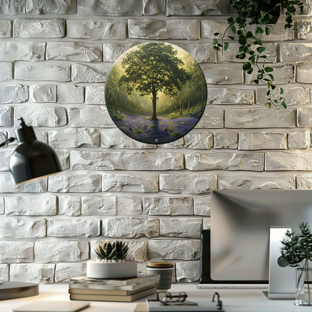 2D Flat, 1pc Round Metal Wall Art Decor - Idyllic Forest & Beech Tree Scene with Bluebell Carpet - Weather-Resistant Iron Sign,