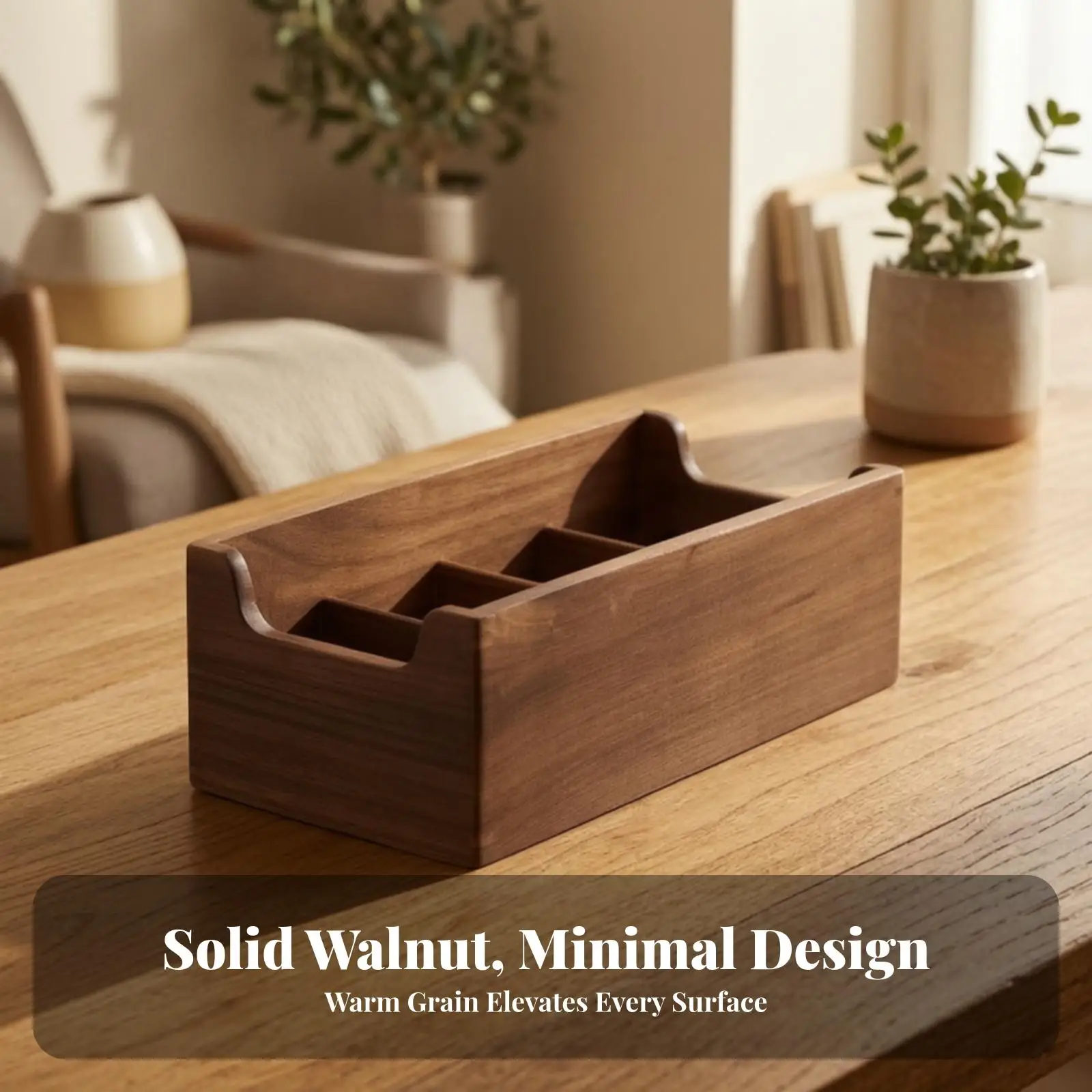 Solid Wood Desk Storage Box with 4 Compartments for Cosmetics Skincare Bottles Lipstick Organizer Walnut