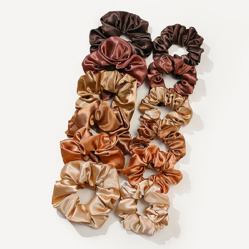 

12pcs Elegant Brown Bright Satin Large Intestine Hair Circles Satin French Headband High Elastic Women's Hair Circles