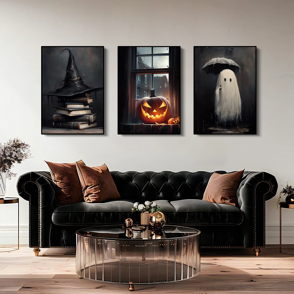 Retro Ghost Umbrella Witch Canvas Prints Dark Academy Gothic Devil Pumpkin Wall Art Poster for Halloween Living Home Decor Gifts