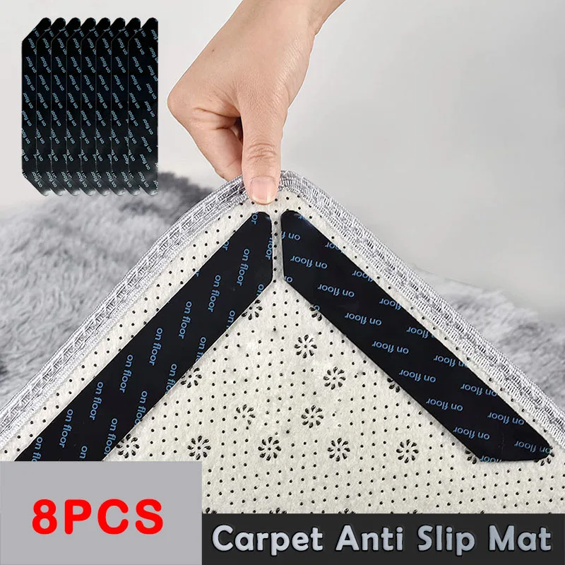 8 Piece Carpet Anti Slip Mat Double Sided Tape Reusable Washable Gripper Corners Pad Anti-Slip Anti Curling Carpet fixed Sticker