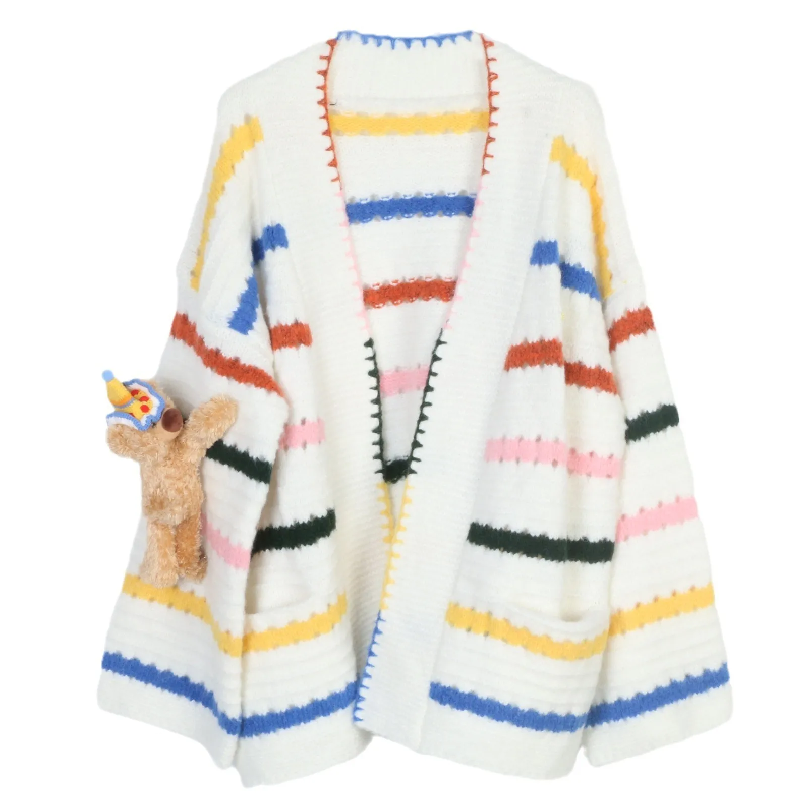 Colorful Striped 3D Cartoon Bear Sweater Cardigan Niche Design Trendy Knit Jumper Rainbow Color Autumn/Winter Women Clothing