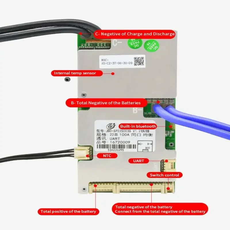 JBD Smart BMS 40A 50A 80A 100A 6S 8S 10S 12S 13S 14S 15S 16S 17S 20S 21S 22S 36V 48V 60V E-bike Lifepo4 Battery Uart Function