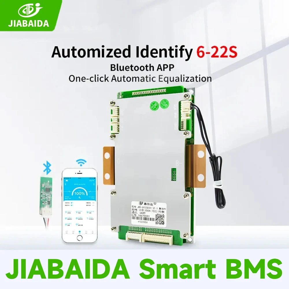 JIABAIDA Smart BMS 8S LiFePo4 6S 22S 13S 16S 10S Li-ion 250A pengisian daya arus tinggi JBD BMS dengan BT UART RS485 pemanas