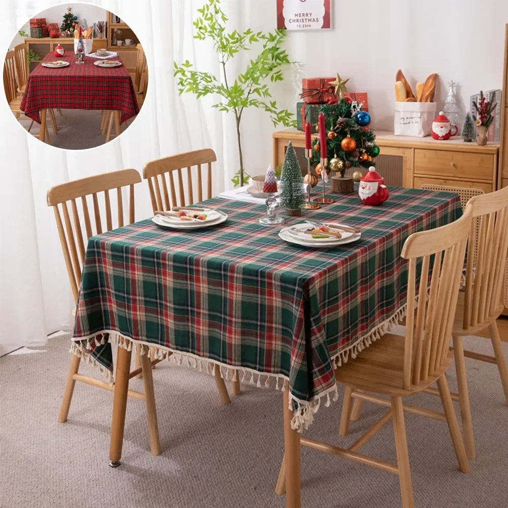 

1pc Red Green Grid Christmas Day Washable Tablecloth Rectangle Holiday Decoration New Year's Eve Table Cover Party Dining Decor