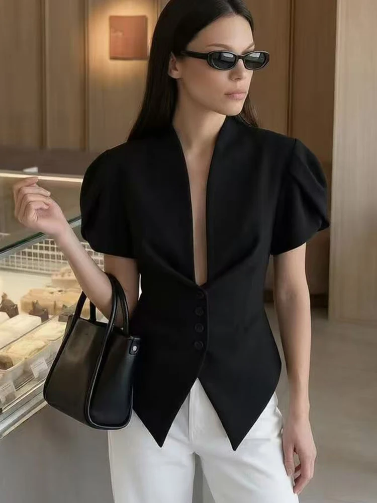 TFMLN Summer Women Short Puff Sleeve Coats V Collar Single Breasted Slim Fit Jacket Lady Chic Solid Party Bow Streetwear - view 2