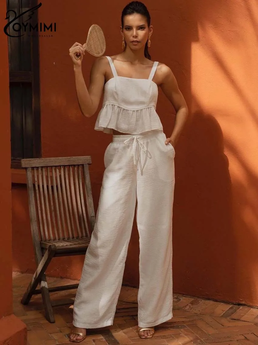 

Oymimi Casual White Women 2 Piece Set Outfit Fashion Spaghetti Strap Crop Tops And Drawstring Pockets Trousers Sets Streetwear