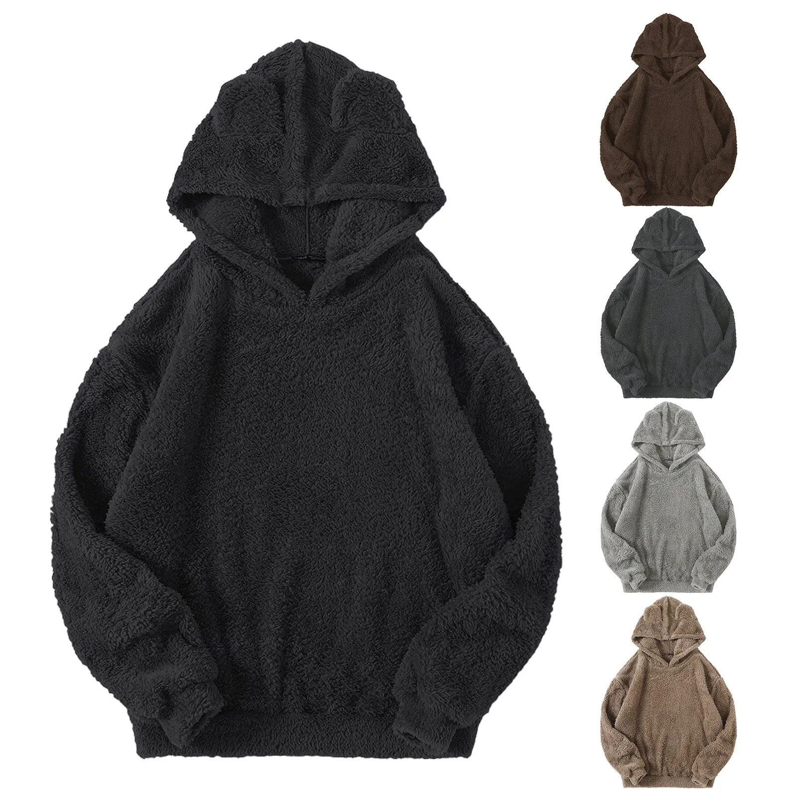 

Winter Korean Fashion Bear Ears Cute Loose Hoodie Fluffy Hooded Warm Sweatshirt Long Sleeve Top Solid Pullover Clothes For Men