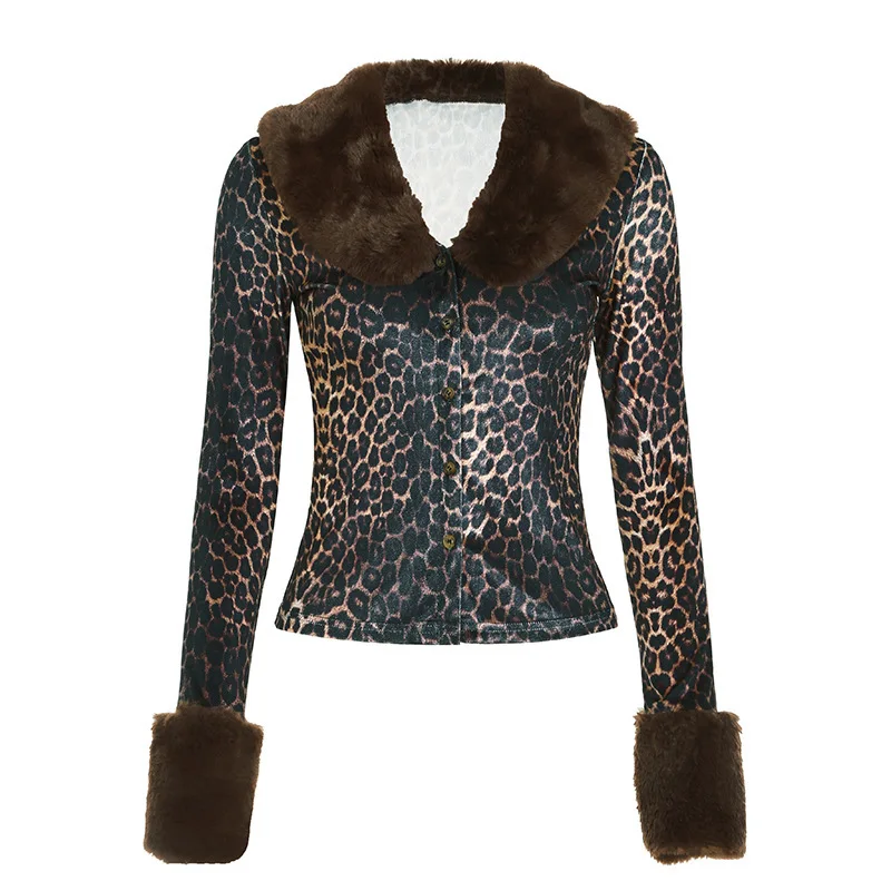 Cardigan con stampa leopardata con collo in pelliccia temperamento Autunno e inverno Nuovo top sexy a maniche corte slim fit