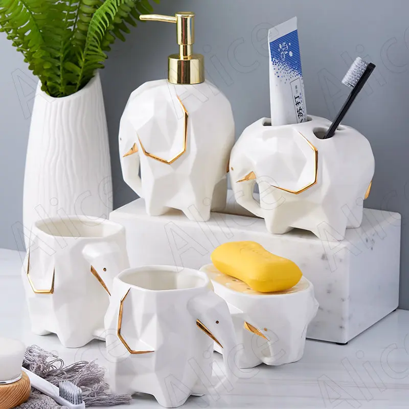 

European Ceramic Bathrooms Five Piece Set Hotel Desktop Elephant Shape Soap Dish Golden Stroke Ornament Bathroom Accesories