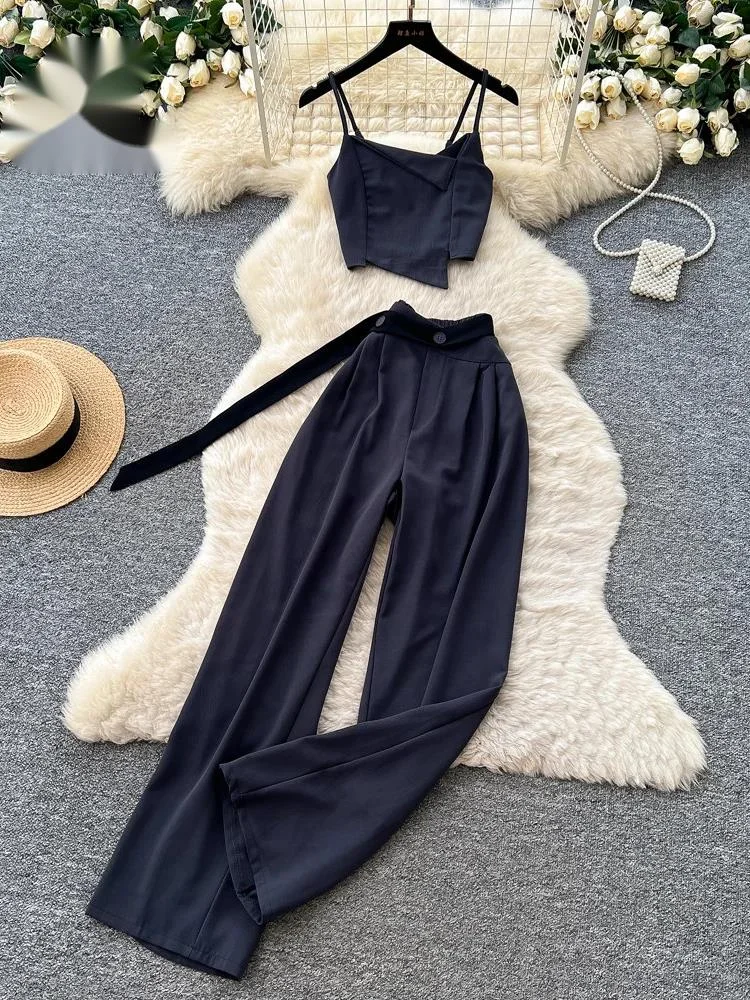 

Office Lady Matching Suit Summer Clean Girl Slim Crop Top+Belt Wide Leg Pant Women Senior Minimalist Fashion 2pcs Sets
