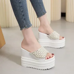 Women High heel Fashion Summer Outside slippers Sweet Pearl rhinestones Flip flops slides Platform Beach Shoes Non-slip Sandals