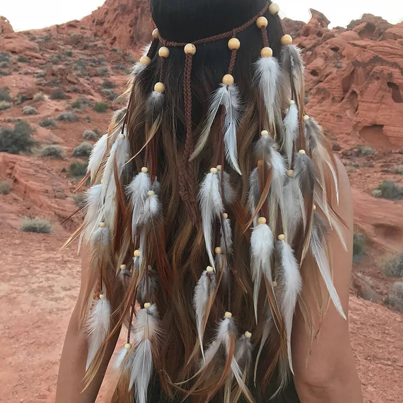 Buntes Ethnisches Bohemien-Stirnband mit Federn, Haaraccessoire mit Langen Fransen im Tribal-Stil für Karneval und Halloween-Kostüme