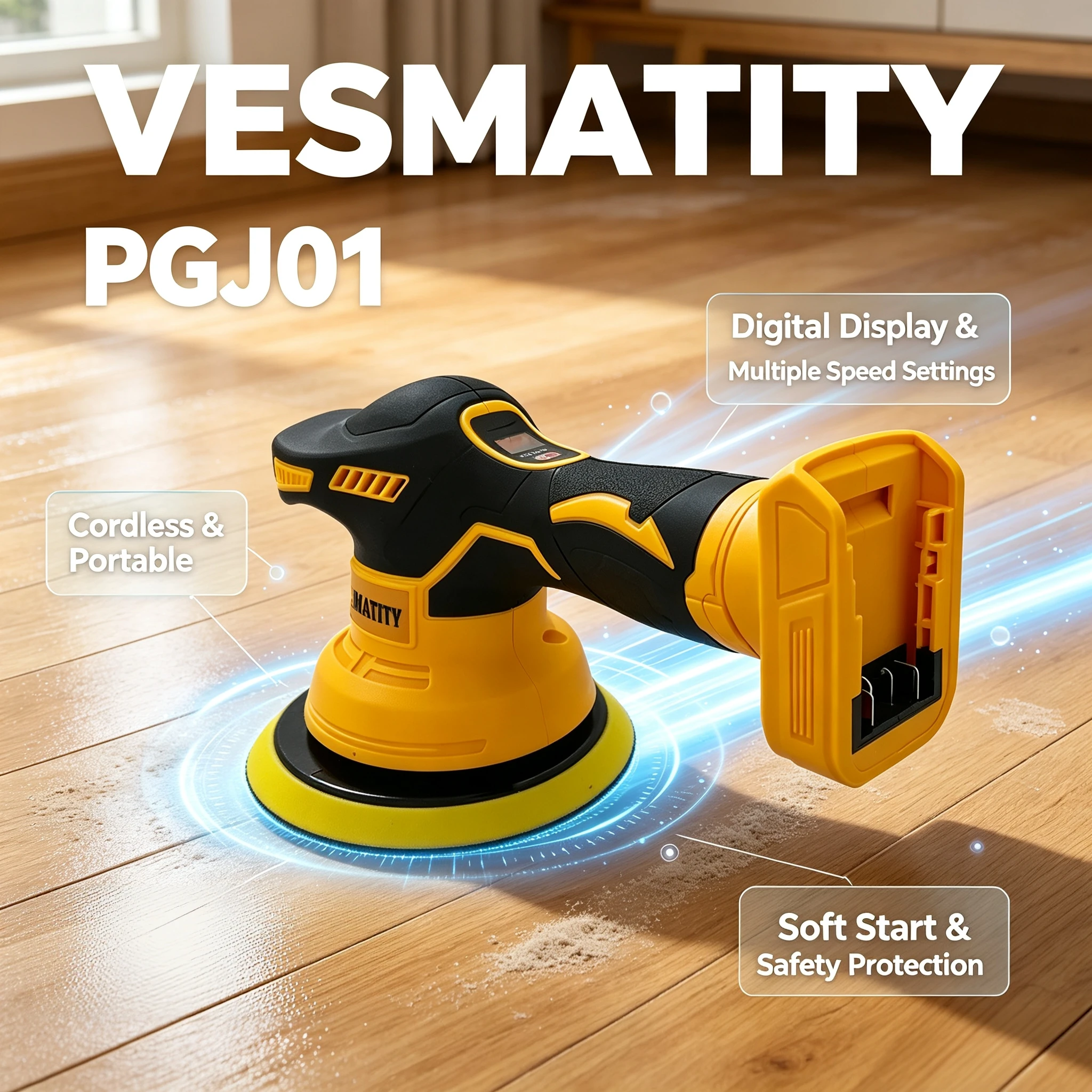 Vesmatity Car Waxing Polisher Machine Cordless 8 Gears Digital Display Electric Auto Polishing Tool 18V Battery Pro Max