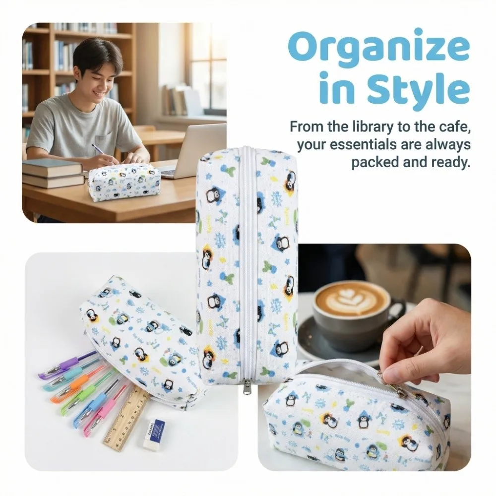 Students Penguin Pattern Pen Bag Large Capacity Multifunctional Stationery Bag Pen Box Students