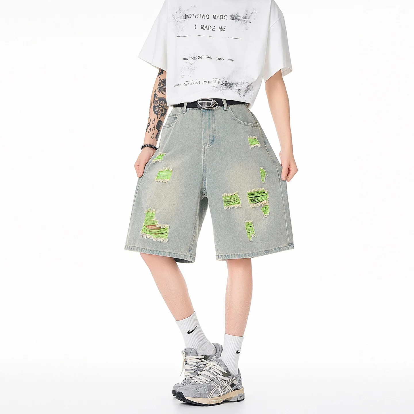 

Summer Men's Colorful Ripped Denim Shorts American Casual Fashionable Washed Street Style Straight Leg Knee-Length Jeans