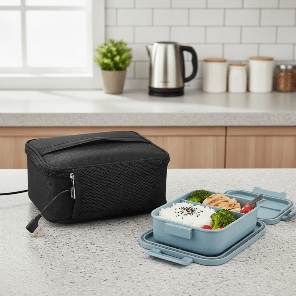 Waterproof Electric Lunch Heated Bag Aluminum Foil Lining Large Capacity Lunch Box Warmer Packet Rectangular Black