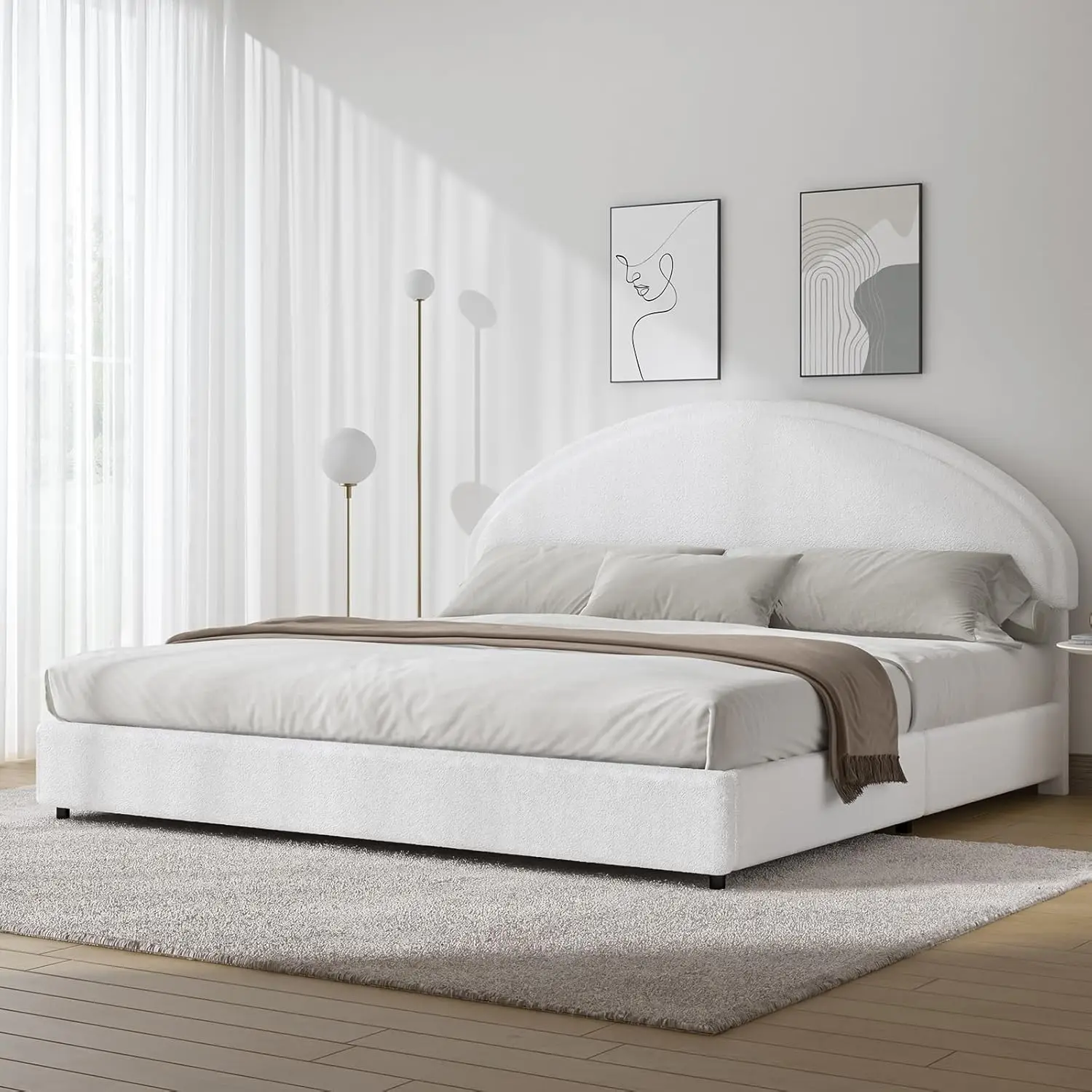 King Size Bed Frame, Boucle Upholstered Platform Bed Frame With Headboard, Modern Style, Soft Arch Shaped Round Headboard, No