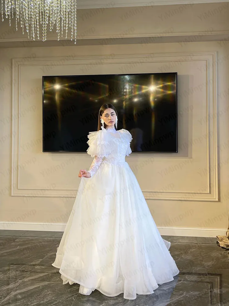 Eleganckie suknie ślubne z wysokim dekoltem, długim rękawem, księżniczka, linia A, zdobione koralikami, suknia ślubna do kościoła, szyta na miarę, robe de mariée