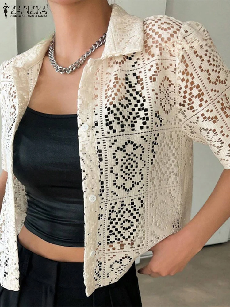 

2025 ZANZEA Summer Women Shirts Short Sleeve Tops Tunic Turn-down Collar Casual Loose Solid Color Hollow Out Elegant Blouses