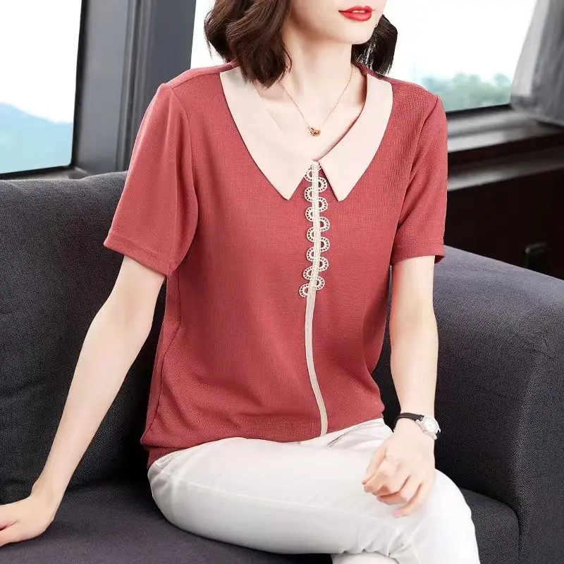 Female Clothing Peter Pan Collar Patchwork Shirt Casual Bright Line Decoration Summer Commute Solid Color Stylish Lace Blouse