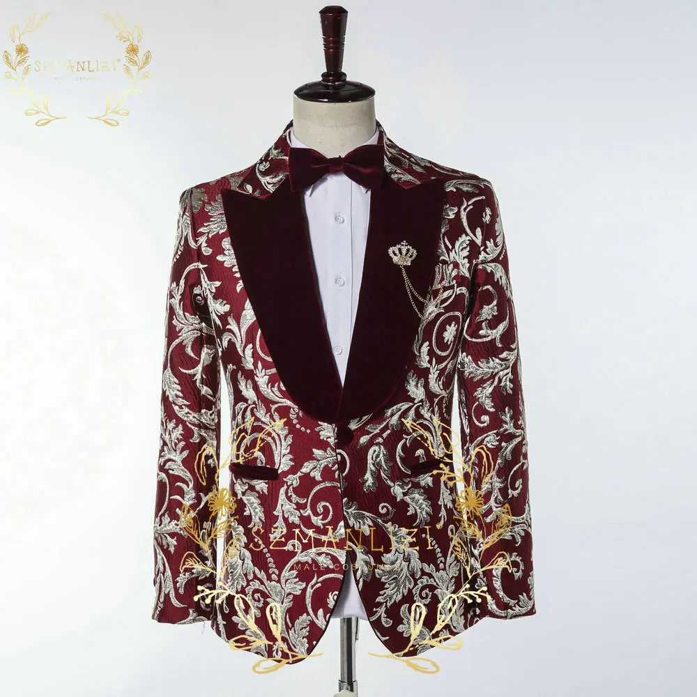 SZMANLIZI 2022 Burgundy Jacquard Prom Men Suits For Wedding Slim Fit Groom Tuxedos Male Party Blazer 2 Pieces Set Costume Homme