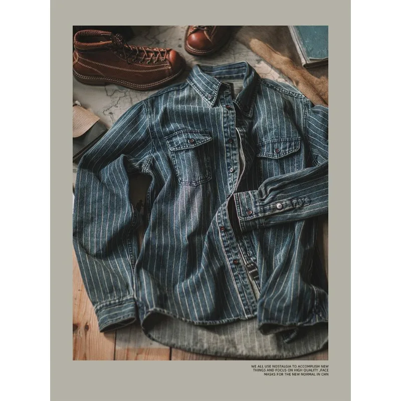 قميص دينم مخطط عمودي عتيق على الطراز الأمريكي، قميص ثقيل بأكمام طويلة على شكل قضيب كاكي