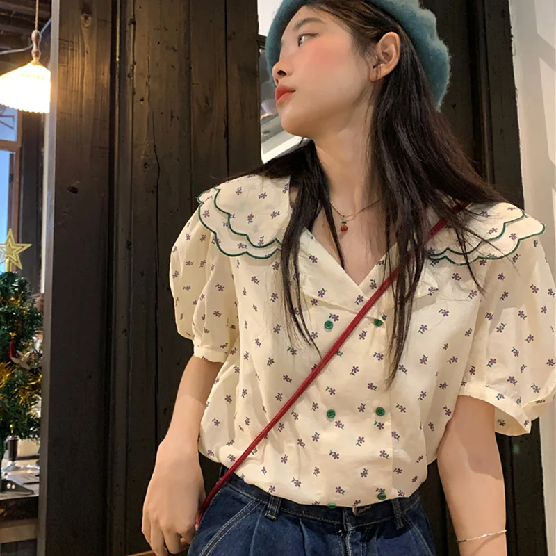 French Sweet Floral Short Sleeved Shirt Summer New Style Casual Fashionable Loose and Slimming Doll Neck Bubble Sleeve Lady Top