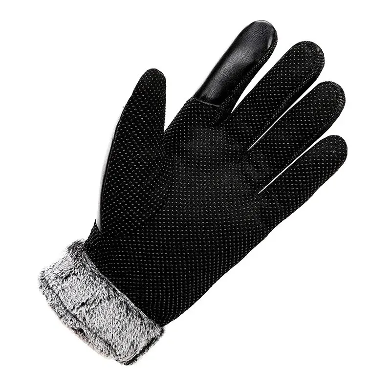 Leather Gloves Men\'s Winter Fleece Thickened Warm Touch Screen Windproof Waterproof Driving Motorcycle Riding Gloves Women\'s Win