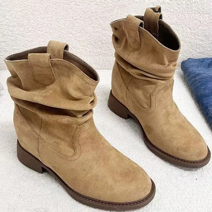 

Retro Style Pleated Boots for Women Spring and Autumn Height Increasing Simple Comfortable Versatile Daily Casual Mid-calf Boots