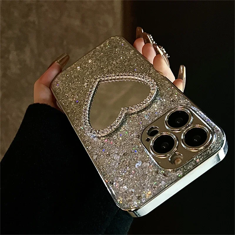 

Luxury Bling glitter plating 3D love heart mirror sequins phone case for iPhone 15 14 13 12 Pro Max ins lens protection cover