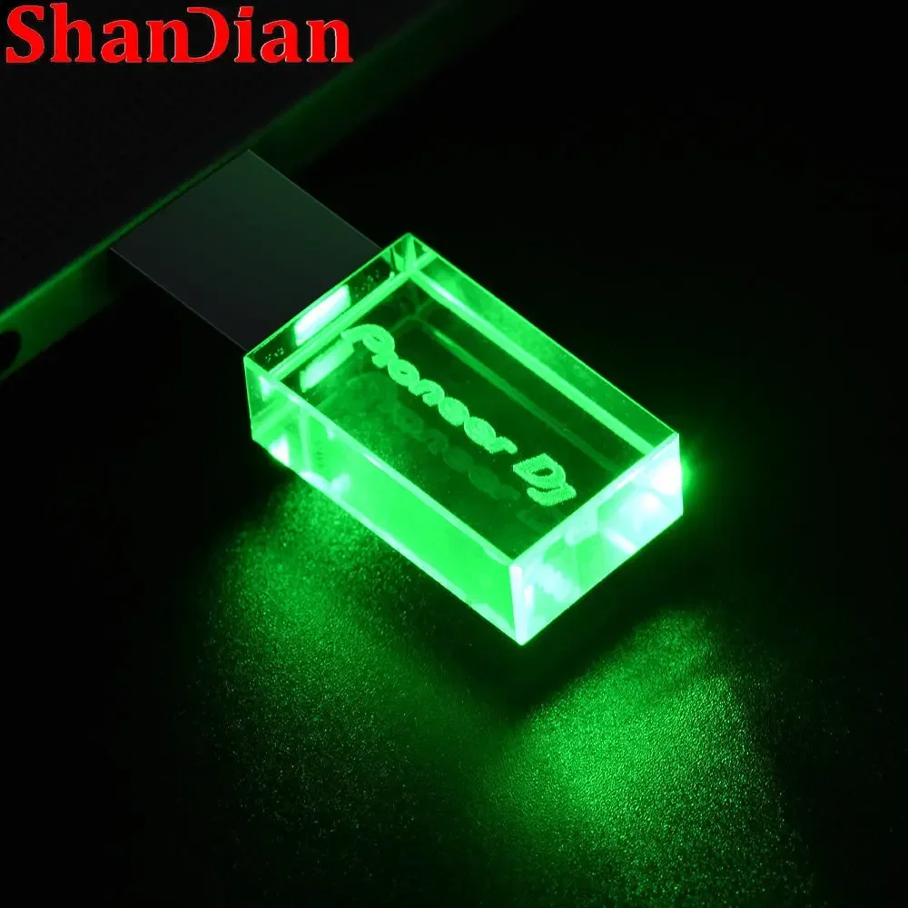 SHANDIAN Kleur LED Crystal USB Flash Drive 64GB 32GB Creatief Wordt geleverd met Logo Pen Drive Fotografie Verjaardagscadeau Memory Stick