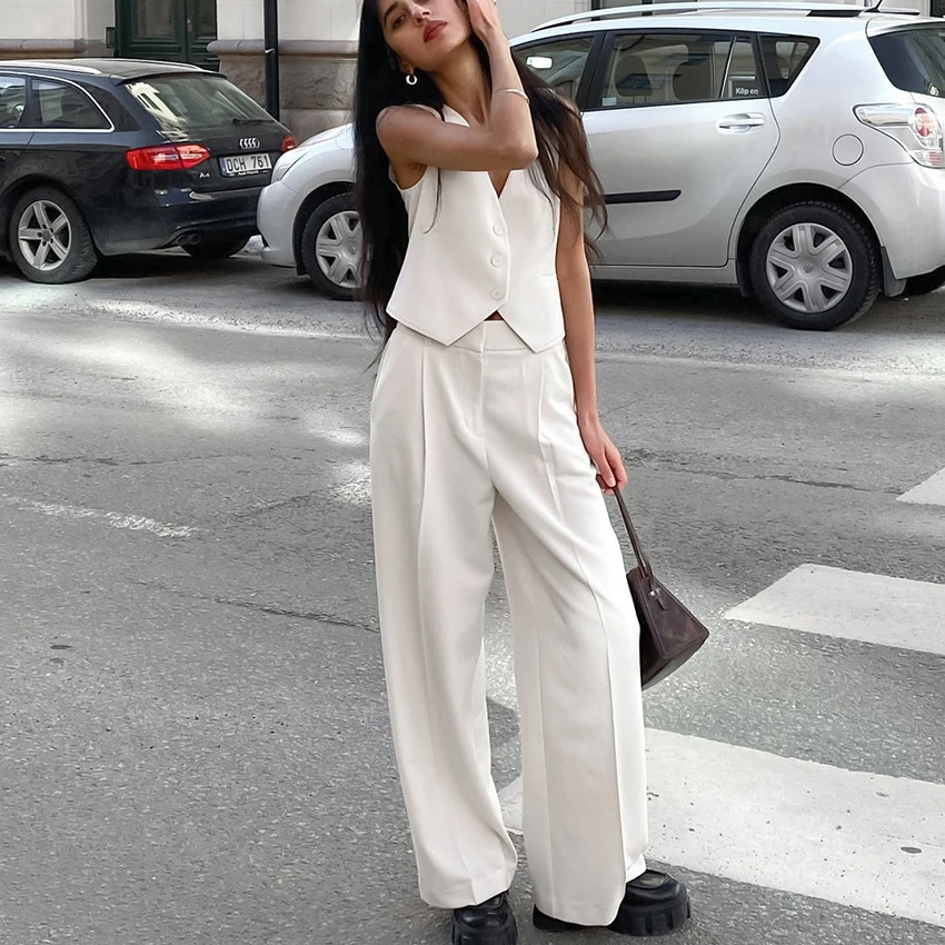 

Casual Sleeveless V Neck Vest Top Loose Pants Clothing Suit Office Lady Outfits Streetwear Women Elegant Fashion Two Piece Set