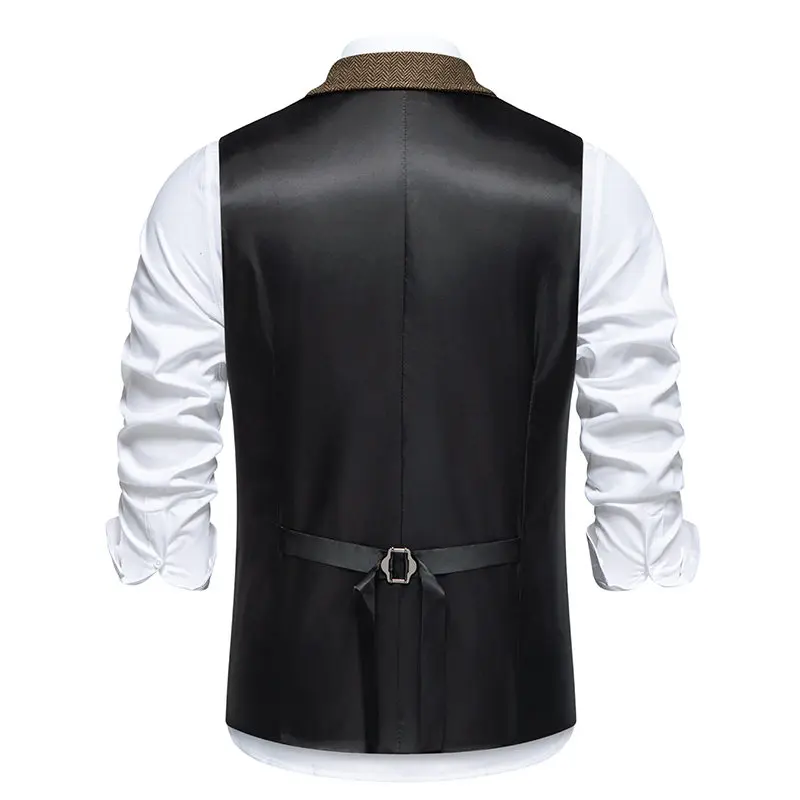 Men's Vintage Single Breasted Suit Vests Formal Turn Down Collar Slim Fit Waistcoat Smart Casual Herringbone Pockets Vest Men