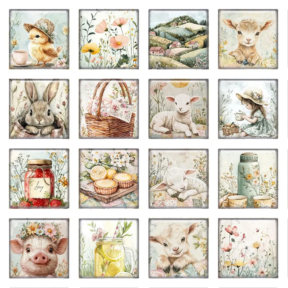 Random Mixed Round/Oval/Square Countryside Picnic Animals Bunny Photo Glass Cabochon Flatback Demo Cameo For Diy Jewelry Making